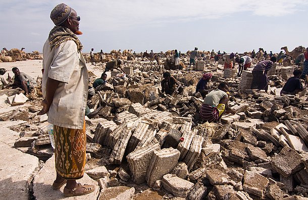 Les forçats du sel Mains nues et pieds brulés par la saumure, chaque jour dans cette saline diabolique où l'ombre est inexistante, ils arrachent au lac quelques tonnes de sel....
